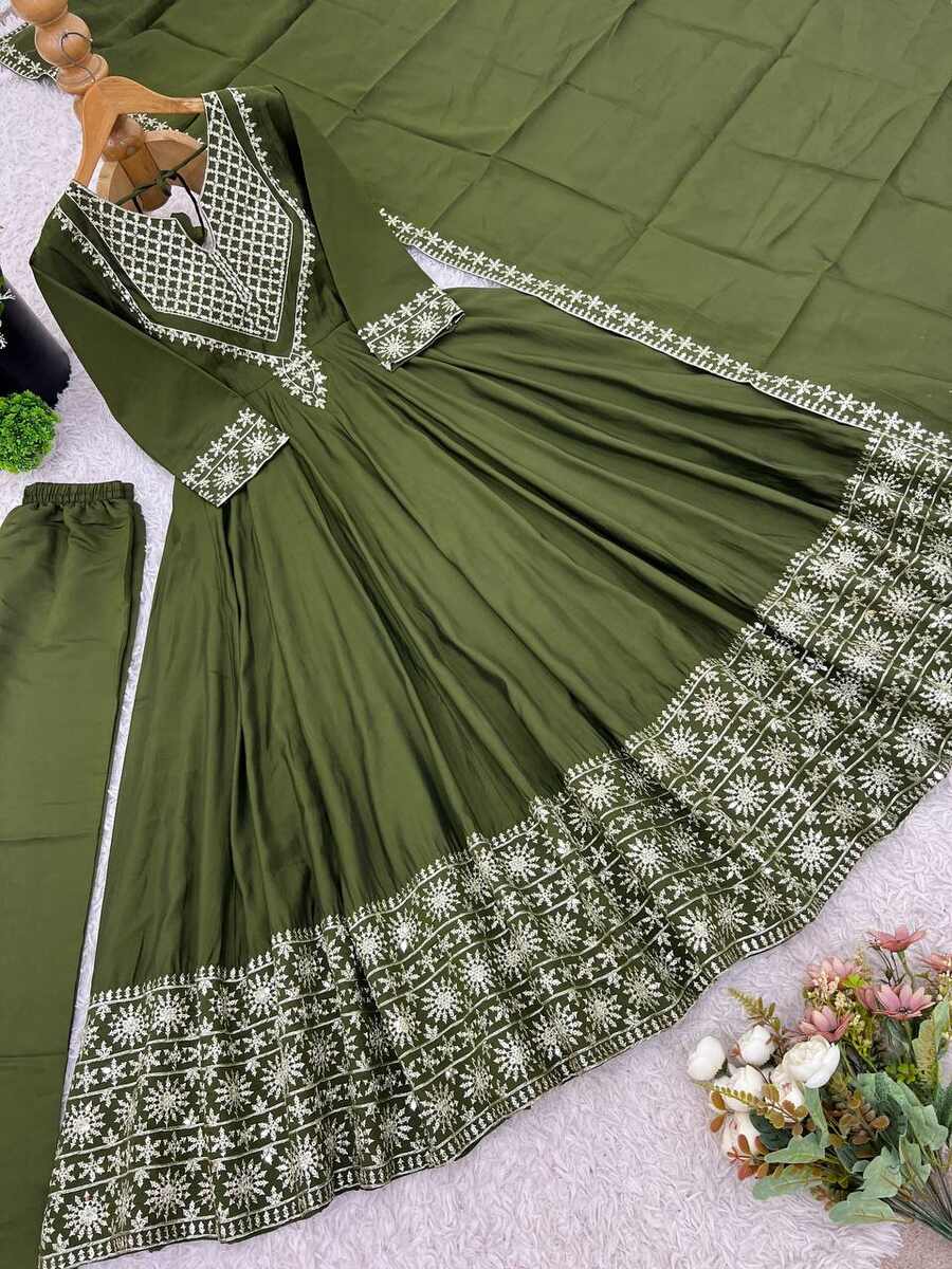 1DESIGNER SHIMMER SILK EMBROIDERY WORK GOWN BOTTOM WITH DUPATTA WEDDING WEAR WHOLESALE PRICE ETHNIC GARMENT (22)