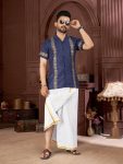 FANCY COTTON FOIL PRINT WITH BEAUTIFUL PATTERN WORK MEN'S SHIRT WITH MATCHING DHOTI BLUE