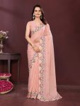 FANCY GEORGETTE EMBROIDERY CUTWORK WORK LACE BORDER WORK SAREE WITH UNSTITCHED BLOUSE PEACH