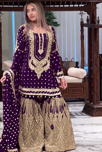 FANCY GEORGETTE EMBROIDERY SEQUENCE WITH LATKAN BORDER WORK TOP SHARARA WITH DUPATTA PURPLE