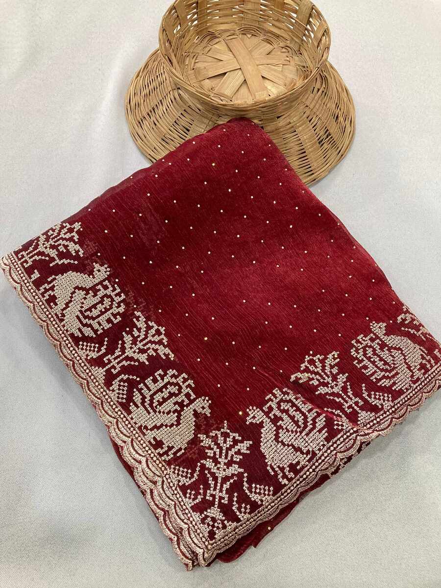 1FASHIONABLE CHIFFON SILK EMBROIDERY WITH CUTWORK BORDER SAREE WITH UNSTITCHED BLOUSE WEDDING WEAR WHOLESALE PRICE ETHNIC GARMENT (2)