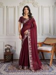 FASHIONABLE CHIFFON SILK EMBROIDERY WITH CUTWORK BORDER SAREE WITH UNSTITCHED BLOUSE BROWN