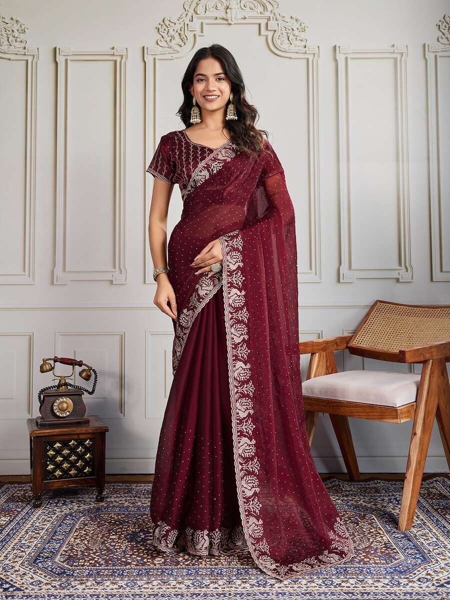 1FASHIONABLE CHIFFON SILK EMBROIDERY WITH CUTWORK BORDER SAREE WITH UNSTITCHED BLOUSE WEDDING WEAR WHOLESALE PRICE ETHNIC GARMENT (3)