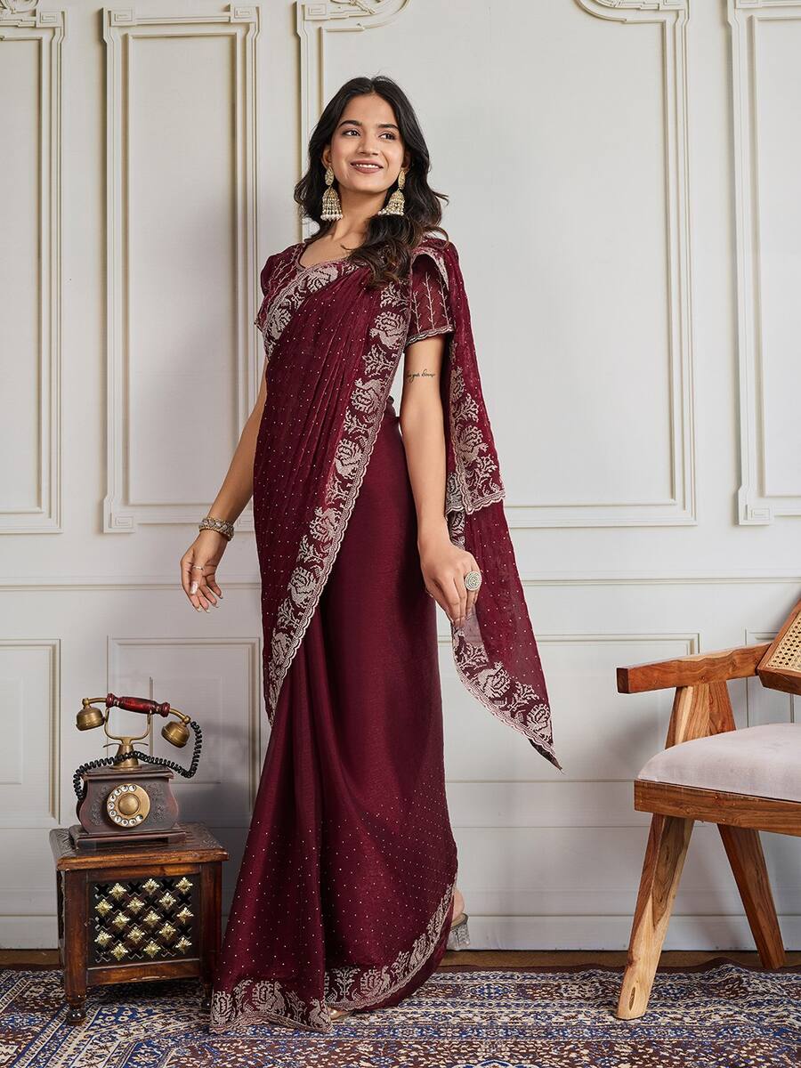 1FASHIONABLE CHIFFON SILK EMBROIDERY WITH CUTWORK BORDER SAREE WITH UNSTITCHED BLOUSE WEDDING WEAR WHOLESALE PRICE ETHNIC GARMENT (5)