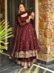 FASHIONABLE CRUNCHY SILK EMBROIDERY SEQUENCE WORK TOP PALAZZO WITH DUPATTA BROWN