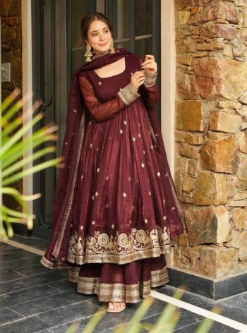 FASHIONABLE CRUNCHY SILK EMBROIDERY SEQUENCE WORK TOP PALAZZO WITH DUPATTA BROWN