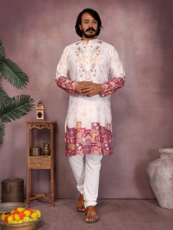 NEW ARRIVAL KHADI COTTON NECK EMBROIDERY SEQUENCE WORK AND PRINT WORK KURTA WITH PAYJAMA WHITE
