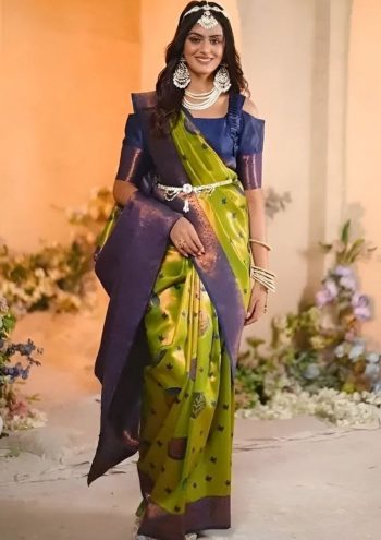 LATEST BANARASI LICHI SILK WEAVING WORK SAREE WITH UNSTITCHED BLOUSE PARROT GREEN