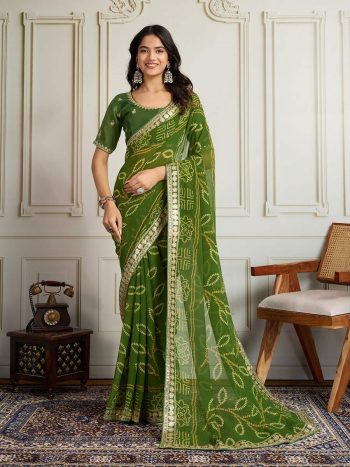 LATEST GEORGETTE RAJWADI BANDHEJ PRINT WITH EMBROIDERY WORK SAREE WITH UNSTITCHED BLOUSE PARROT GREEN