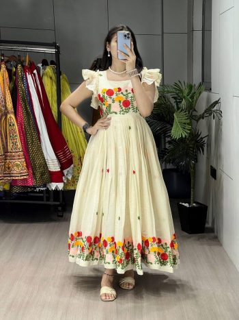 LATEST KORA COTTON TRADITIONAL KALAMKARI AND FLORAL EMBROIDERY WORK ONE PEICE DRESS RED