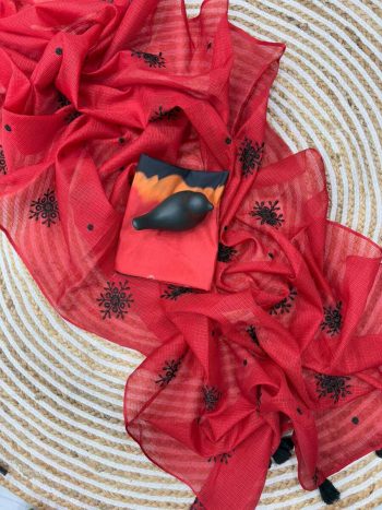 LATEST KOTA DORIYA  WEAVING CHECKS PATTERN  WITH EMBROIDERY WORK SAREE WITH UNSTITCHED BLOUSE RED