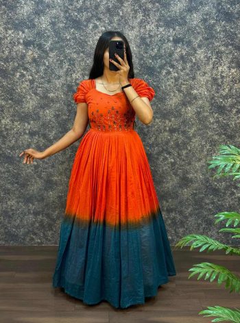 LATEST MUL COTTON HANDWORK ONE PEICE DRESS ORANGE