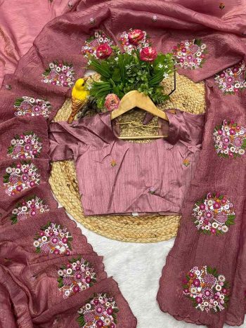 MODERN GOLD CRUSH MULTI COLOR THREAD WORK SAREE WITH UNSTITCHED BLOUSE PINK