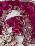 MODERN JIMMY CHOO SILK SEQUENCE WITH ARC BORDER WORK SAREE WITH STITCHED BLOUSE PINK
