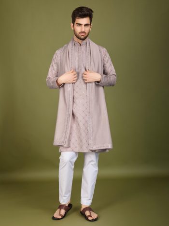 MODERN VISCOSE SILK THREAD WITH SEQUENCE EMBROIDERY WORK MEN'S KURTA WITH DUPATTA CREAM