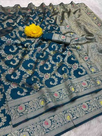NEW ARRIVAL BANARASI SILK FLOWERS AND MINA WITH ZARI WEAVING BORDER WORK SAREE WITH UNSTITCHED BLOUSE TEAL