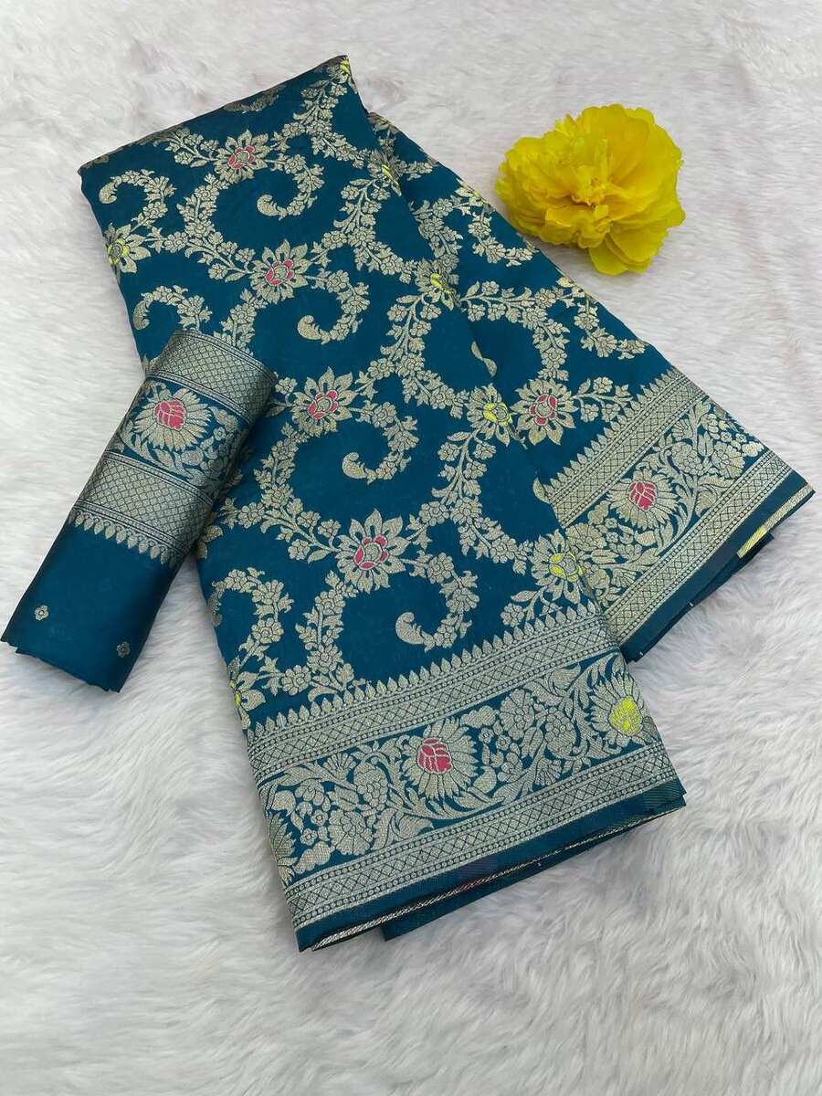 1NEW ARRIVAL BANARASI SILK FLOWERS AND MINA WITH ZARI WEAVING BORDER WORK SAREE WITH UNSTITCHED BLOUSE FESTIVE WEAR WHOLESALE PRICE ETHNIC GARMENT (18)