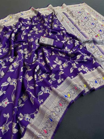 NEW ARRIVAL BANARASI SILK FLOWERS AND MINA WITH ZARI WEAVING BORDER WORK SAREE WITH UNSTITCHED BLOUSE PURPLE