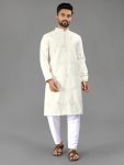 NEW ARRIVAL COTTON MATCHING VAL-MOTI BUTTA WORK MEN'S KURTA PAYJAMA WHITE