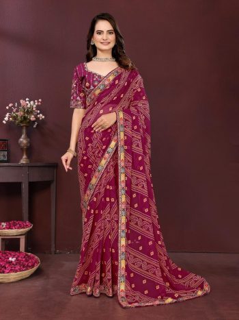 NEW ARRIVAL GEORGETTE DIGITAL PRINT WITH EMBROIDERY WORK BORDER WORK SAREE WITH UNSTITCHED BLOUSE MAROON