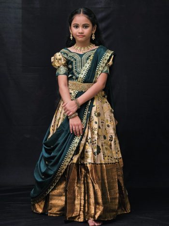 NEW ARRIVAL LICHI SILK ZARI WEAVING WORK WITH CONTRAST HEAVY ZARI BORDER KID'S LEHENGA CHOLI WITH DUPATTA GREEN