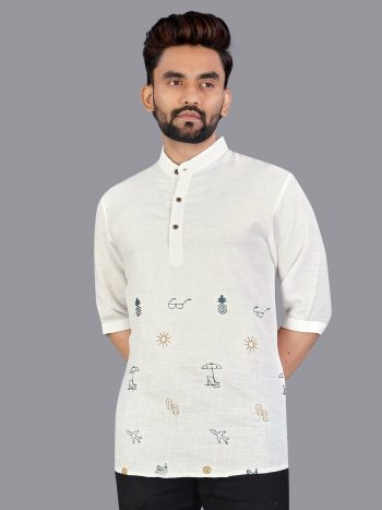 NEW ARRIVAL LINEN HAND-WOVEN MEN'S SHORT KURTA WHITE