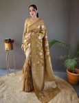 NEW ARRIVAL LINEN SLUB WEAVING WORK SAREE WITH UNSTITCHED BLOUSE KHAKI