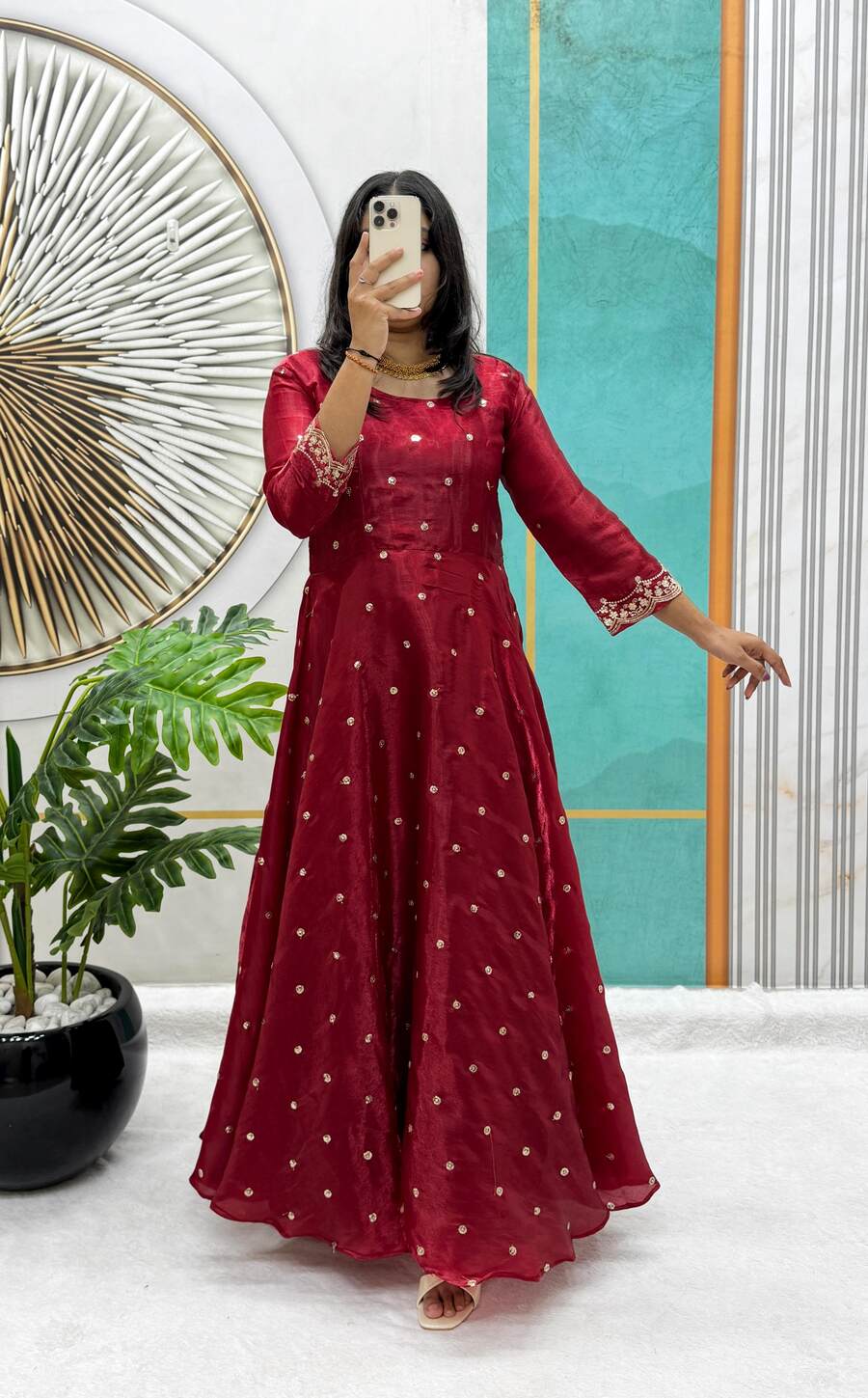 1NEW ARRIVAL SPACE SILK SEQUENCE EMBROIDERY WORK GOWN WITH DUPATTA FESTIVE WEAR WHOLESALE PRICE ETHNIC GARMENT (6)