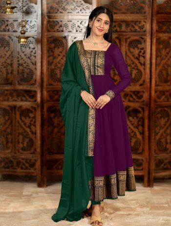 NEW ARRIVAL VICHITRA SILK JACQUARD LACE WORK ANARKALI TOP WITH DUPATTA PURPLE