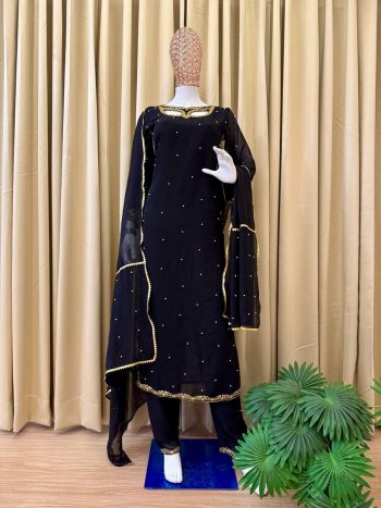 RICH LOOK GEORGETTE EMBROIDERY WORK WITH REAL PEARL MOTI WORK TOP BOTTOM WITH DUPATTA BLACK