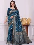 RICH LOOK LICHI SILK JACQUARD WORK SAREE WITH UNSTITCHED BLOUSE TEAL