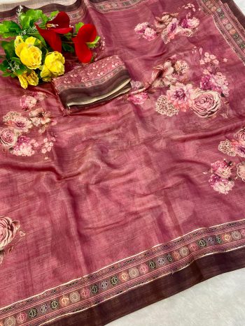 RICH LOOK LINEN FLORAL DIGITAL WITH FOIL PRINT WORK SAREE WITH UNSTITCHED BLOUSE PINK