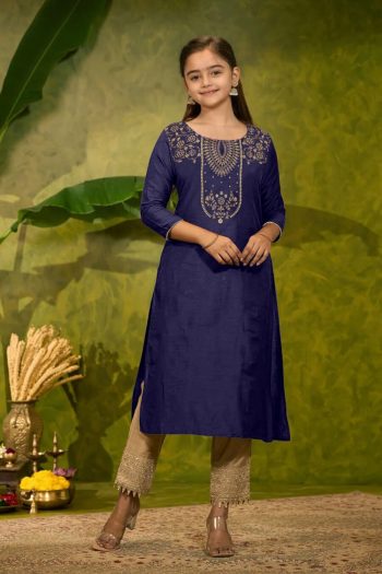 RICH LOOK MAGIC COTTON FOIL PRINT WORK KID'S ONLY KURTI NAVY BLUE