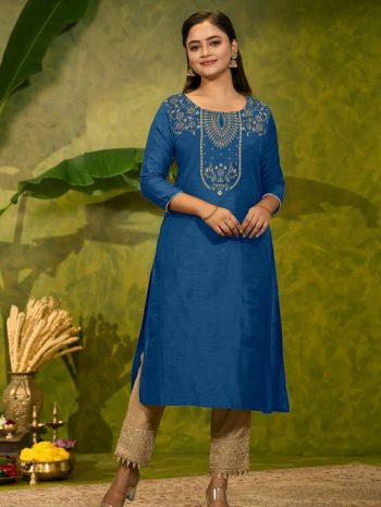 RICH LOOK MAGIC COTTON FOIL PRINT WORK ONLY KURTI BLUE