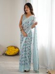 ATTRACTIVE BRIGHT MOSS SATIN PRINTED WORK SAREE WITH UNSTITCHED BLOUSE SKY
