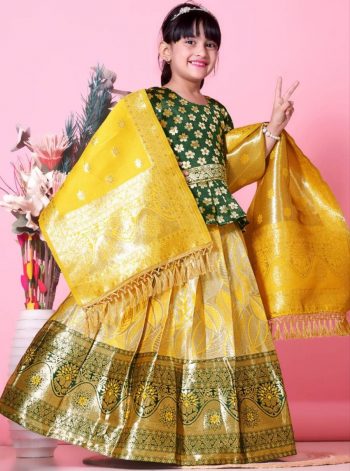 ATTRACTIVE JACQUARD WEAVING DESIGN WORK LEHENGA CHOLI WITH DUPATTA YELLOW