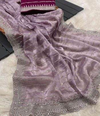 ATTRACTIVE JIMMY CHOO SEQUENCE EMBROIDERY CUT BORDER WORK SAREE WITH UNSTITCHED BLOUSE PURPLE