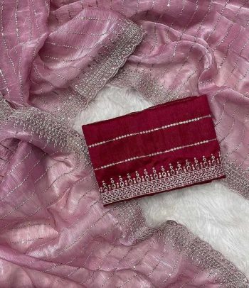 ATTRACTIVE JIMMY CHOO SEQUENCE EMBROIDERY CUT BORDER WORK SAREE WITH UNSTITCHED BLOUSE PINK