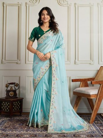 ATTRACTIVE RANGOLI SILK EMBROIDERY WITH PIPING BORDER WORK SAREE WITH UNSTITCHED BLOUSE SKY
