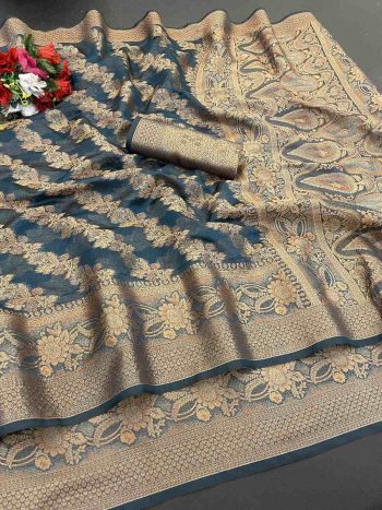BOLLYWOOD ORGANZA DESIGNER BORDER WORK SAREE WITH UNSTITCHED BLOUSE TEAL