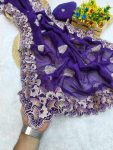 CRUNCHY SILK EMBROIDERY WITH MULTI COLOUR THREAD WORK SAREE WITH UNSTITCHED BLOUSE PURPLE