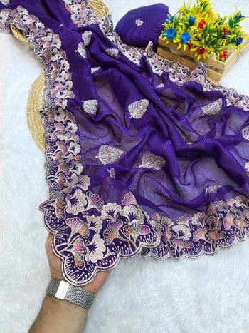 CRUNCHY SILK EMBROIDERY WITH MULTI COLOUR THREAD WORK SAREE WITH UNSTITCHED BLOUSE PURPLE