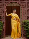 DESIGNER BANARASI SOFT SILK GOLD ZARI WEAVING WORK SAREE WITH UNSTITCHED BLOUSE YELLOW
