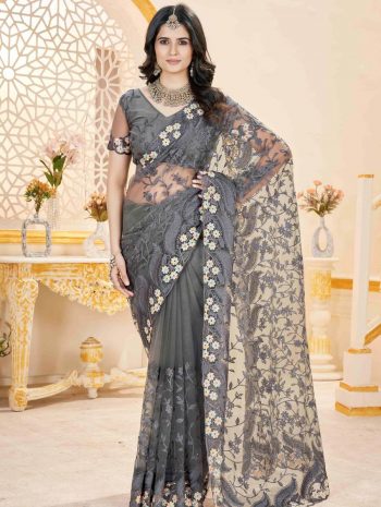 DESIGNER BUTTERFLY NET EMBROIDERY WITH MULTI COLOR THREAD AND STONE WITH CUTWORK BORDER SAREE WITH UNSTITCHED BLOUSE GREY