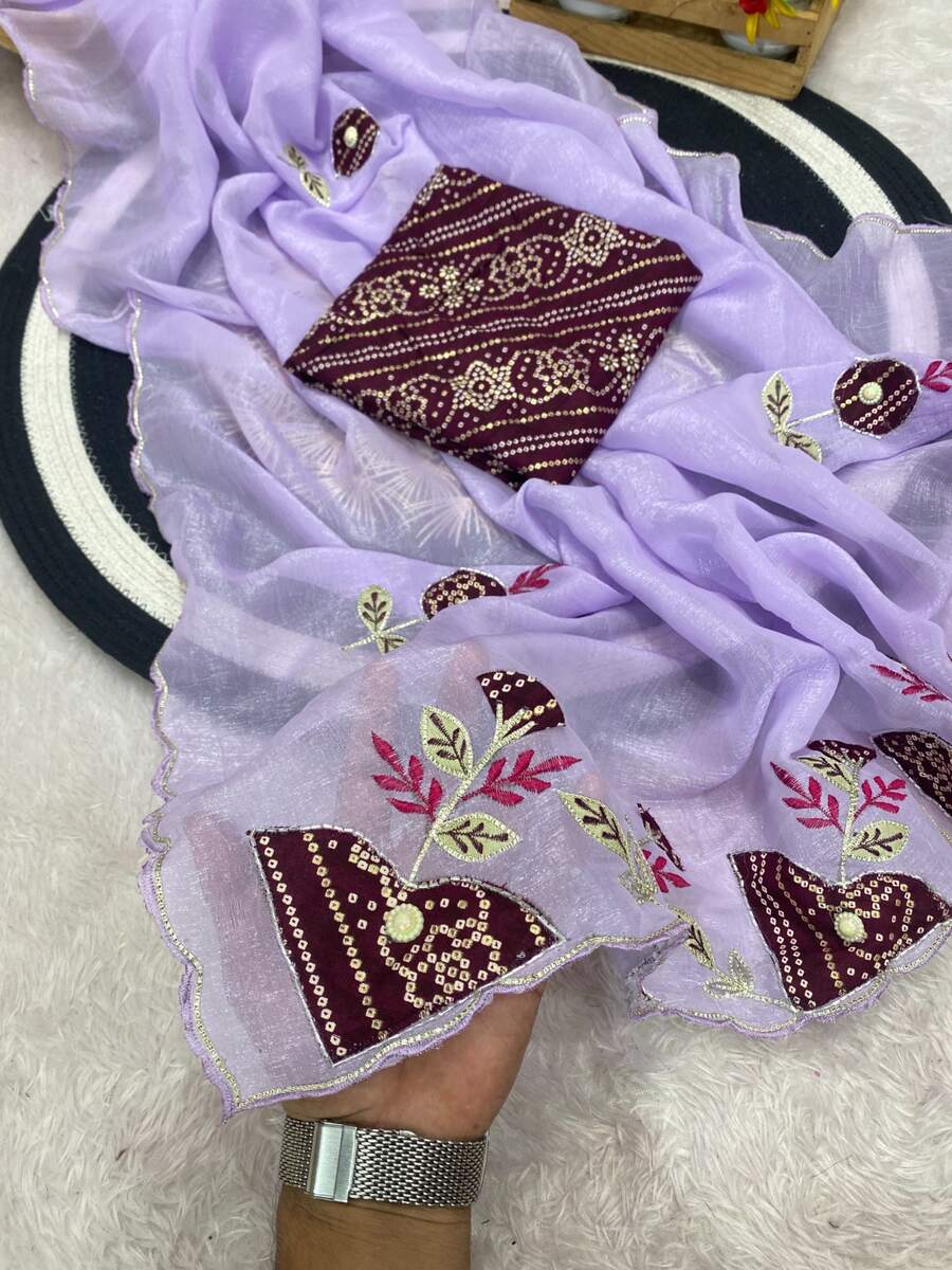 2DESIGNER CRUNCHY CHIFFON BANDHANI PATCH BUTTA WITH HANDWORK SAREE WITH UNSTITCHED BLOUSE WEDDING WEAR WHOLESALE PRICE ETHNIC GARMENT (16)