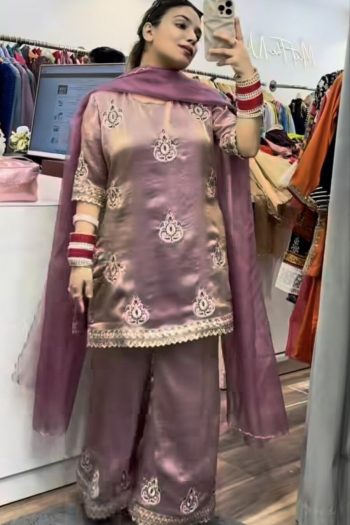 DESIGNER FENDY SILK SEQUENCE EMBROIDERY WORK TOP PALAZZO WITH DUPATTA LAVENDER