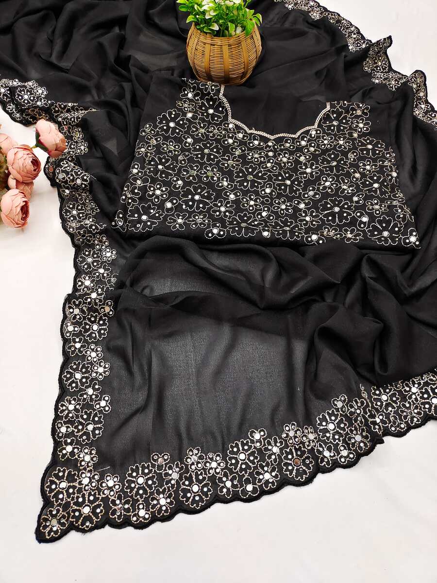 2DESIGNER GEORGETTE SILK EMBROIDERY AND REAL MIRROR AND DIAMOND HAND WORK SAREE WITH UNSTITCHED BLOUSE PARTY WEAR WHOLESALE PRICE ETHNIC GARMENT (1)