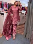 DESIGNER NATURAL CREEP EMBROIDERY SEQUENCE WORK TOP PALAZZO WITH DUPATTA PINK