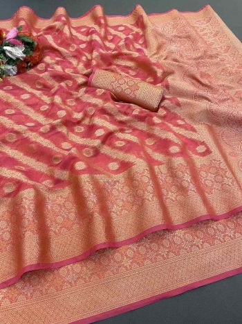 DESIGNER ORGANZA DESIGNER BORDER WORK SAREE WITH UNSTITCHED BLOUSE RED