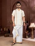 FANCY COTTON FOIL PRINT WITH BEAUTIFUL PATTERN WORK MEN'S SHIRT WITH MATCHING DHOTI WHITE
